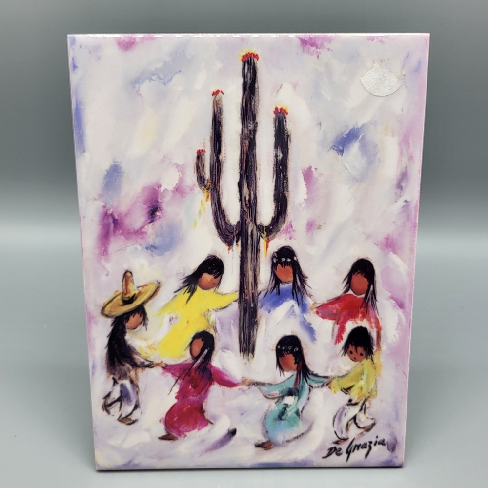 DeGrazia Ceramic Art Tile Decor Native American Children Dancing 5.75" x 7.75""